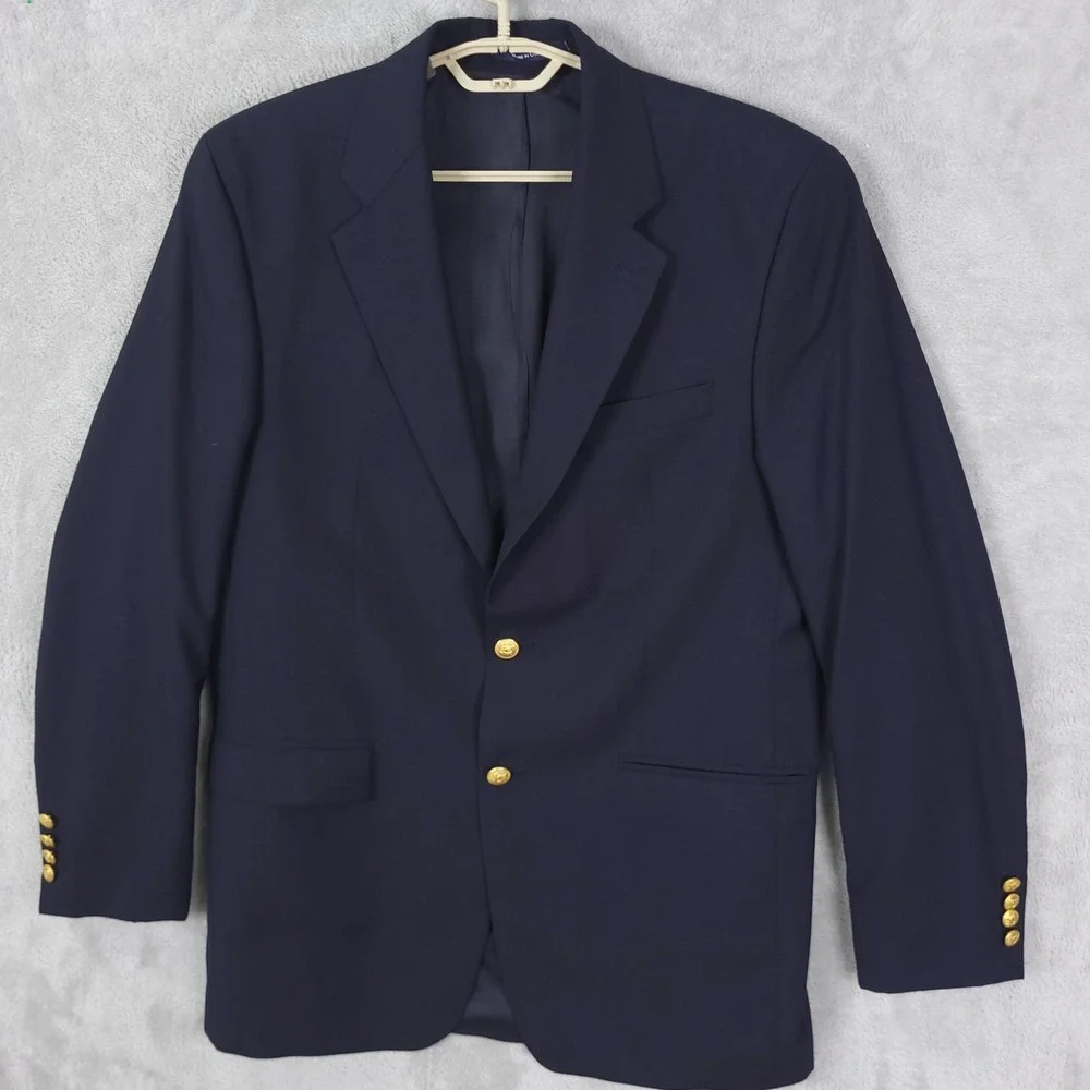 Chaps Ralph Lauren Blazer 100% Wool Gold Button Mens 40 L Sport Coat Jacket Blue